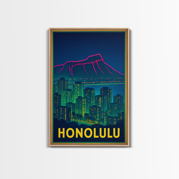 Honolulu Hawaii Travel Poster, Framed Canvas Print, Retro Neon Travel Art, Honolulu City Art, Living Room Wall Art, City Illustration