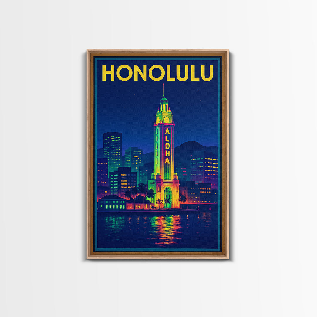 Honolulu Travel Poster, Framed Canvas Print, Neon Cityscape Wall Art, Honolulu Wall Art, City Illustration, Vintage City Art, Art Print