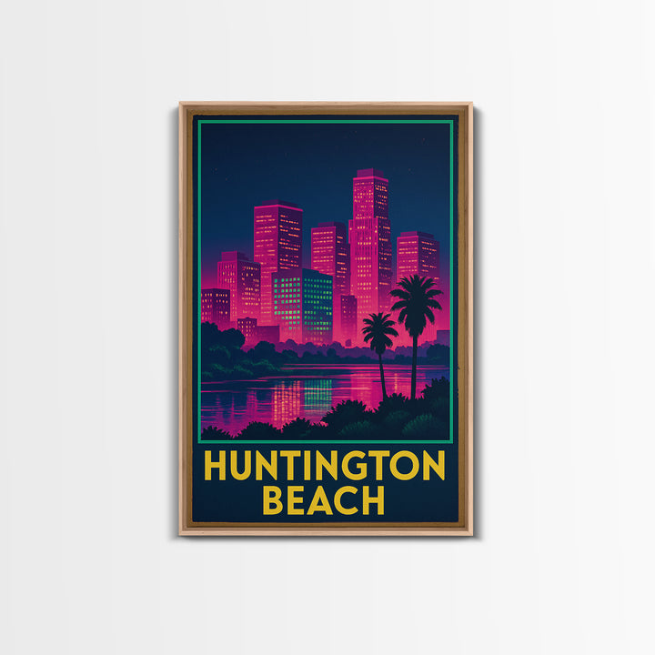 Huntington Beach California Travel Poster, Canvas Print, Electric Night Poster Art, Huntington Beach Travel Art, Office Decor