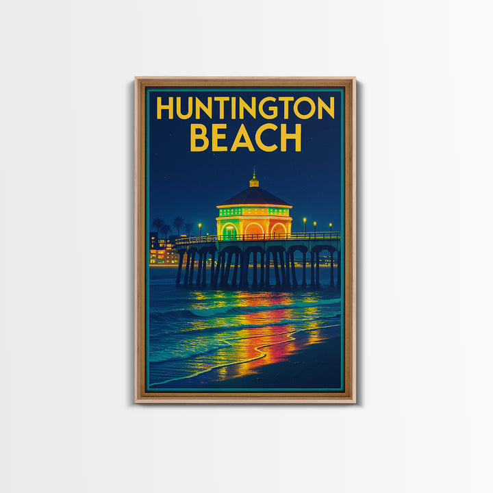 Huntington Beach Travel Poster, Framed Canvas Print, Neon City Skyline Wall Art, Huntington Beach Art Print, Vintage City Poster, Design 2
