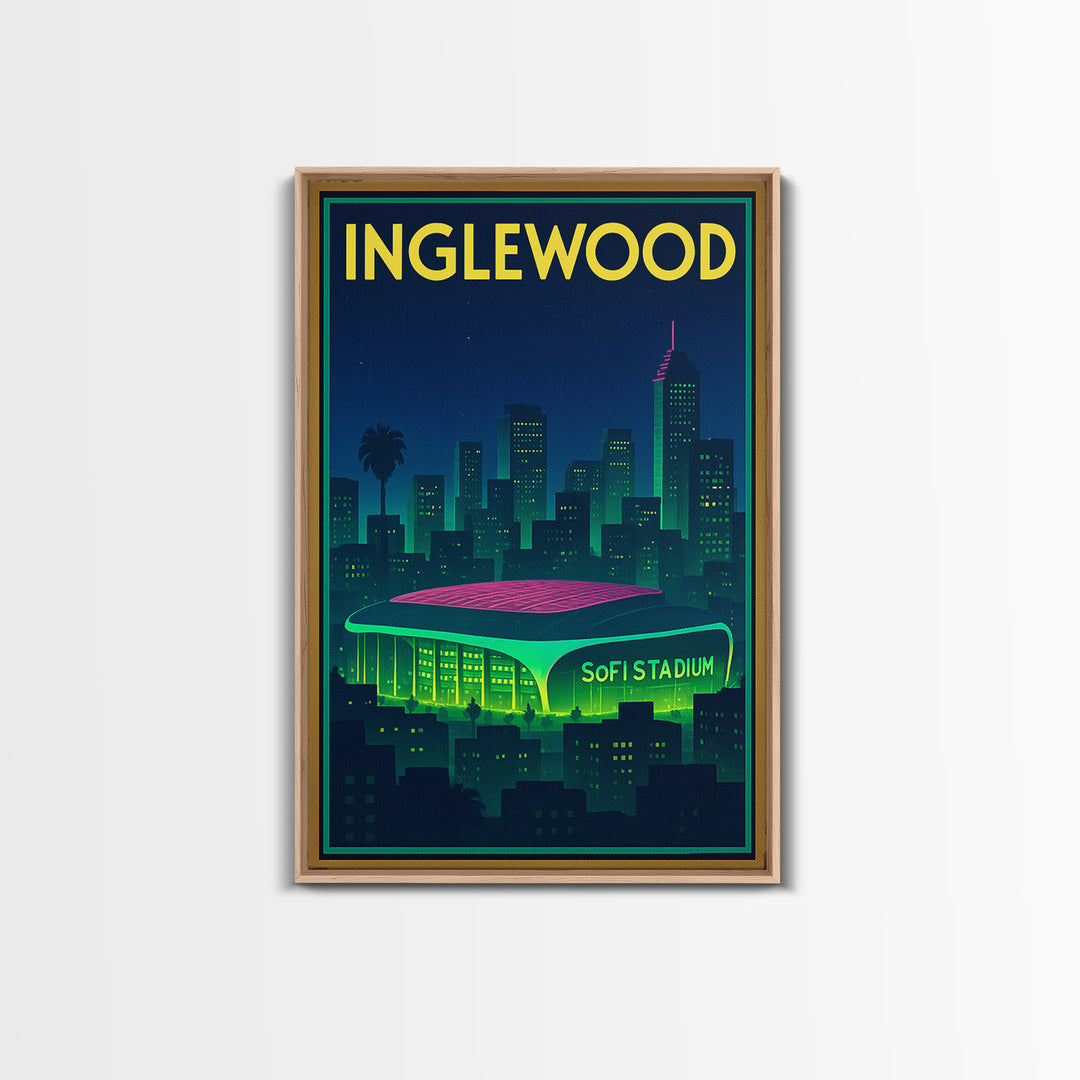 Inglewood Travel Poster, Framed Canvas Print, Cyberpunk Style City Art, Inglewood Travel Art, Vintage City Poster, Vintage Travel Art