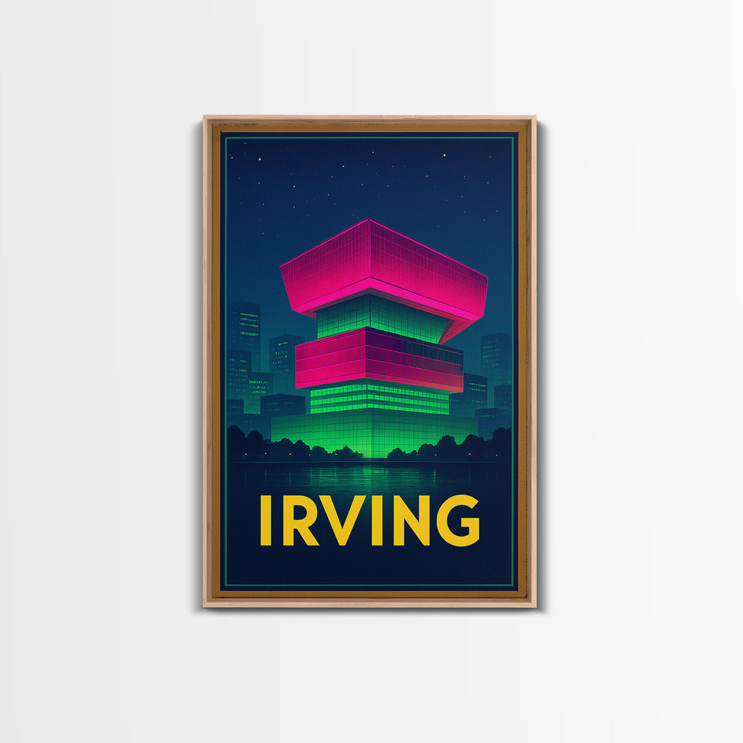 Irving Texas Travel Poster, Framed Canvas Print, Cyberpunk Style City Art, Irving Poster Print, Watercolor Skyline Art, Travel Art Print