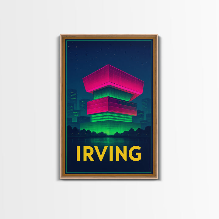 Irving Texas Travel Poster, Framed Canvas Print, Cyberpunk Style City Art, Irving Poster Print, Watercolor Skyline Art, Travel Art Print