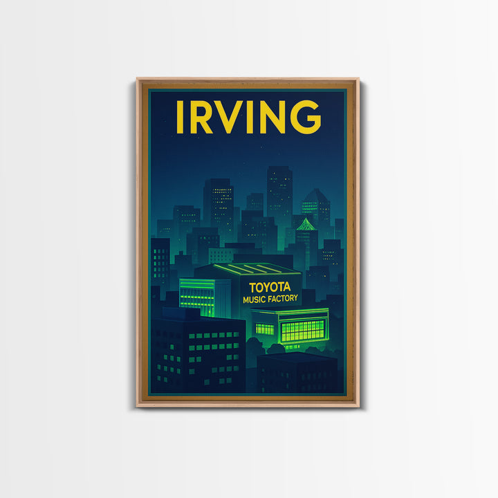 Irving Travel Poster, Framed Canvas Print, Cyberpunk Style City Art, Irving Poster Print, Living Room Wall Art, Vintage City Art