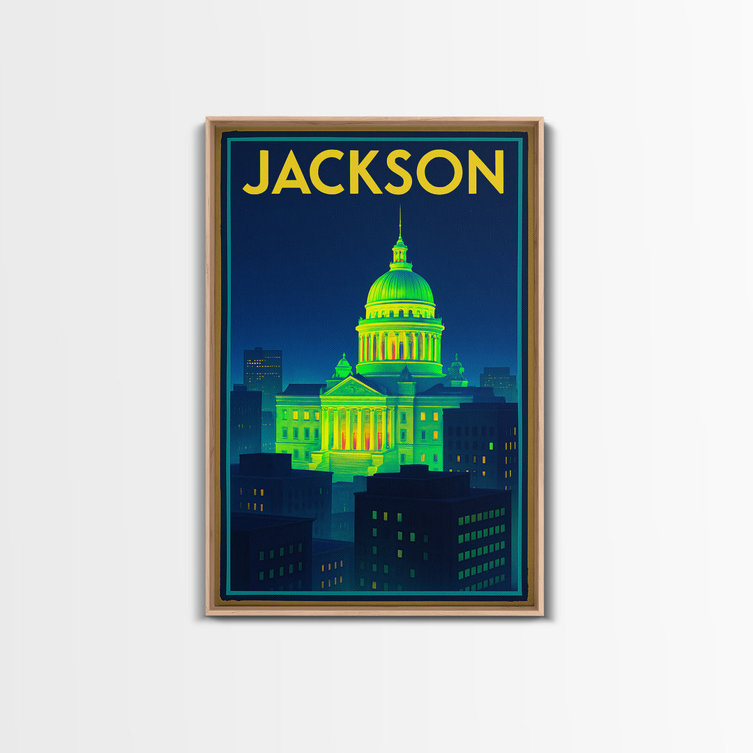 Jackson Travel Poster, Canvas Print, Retro Neon Travel Art, Jackson Wall Art, City Travel Prints, Vintage Travel Print, City Illustration