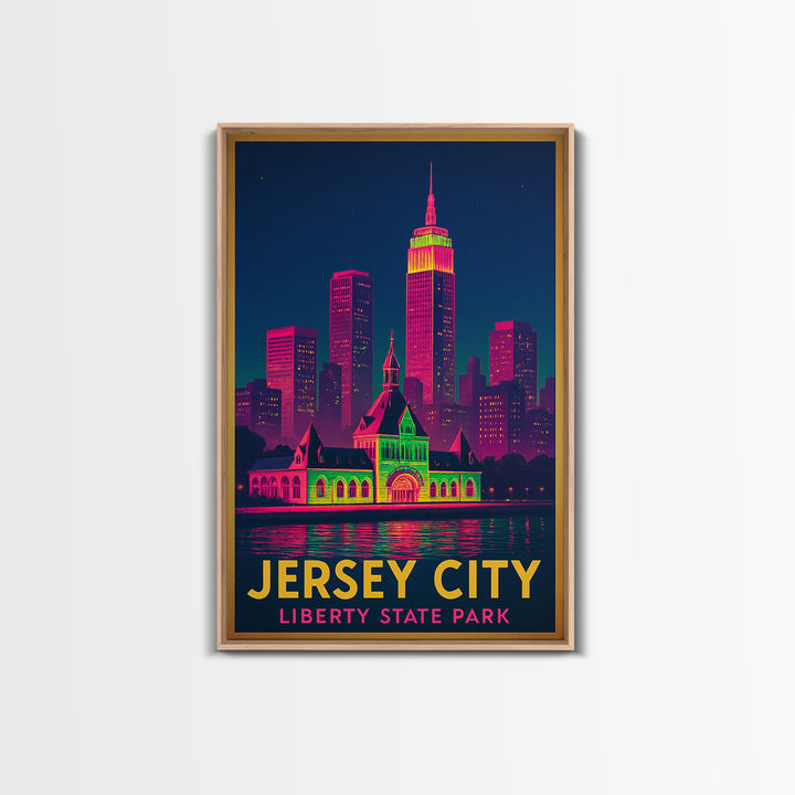 Jersey City New Jersey Travel Poster, Framed Canvas Print, Retro Neon Travel Art, Jersey City City Art, Vintage Travel Art, City Art Print