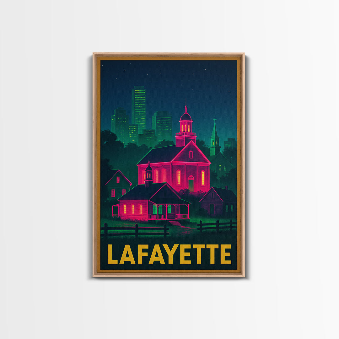 Lafayette Louisiana Travel Poster, Framed Canvas Print, Cyberpunk Style City Art, Lafayette Travel Art, Retro Travel Print, City Art Print
