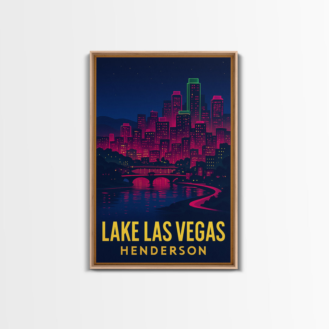 Lake Las Vegas Travel Poster, Framed Canvas Print, Neon Cityscape Wall Art, Lake Las Vegas Poster Print, Fine Art Print, Travel Wall Decor