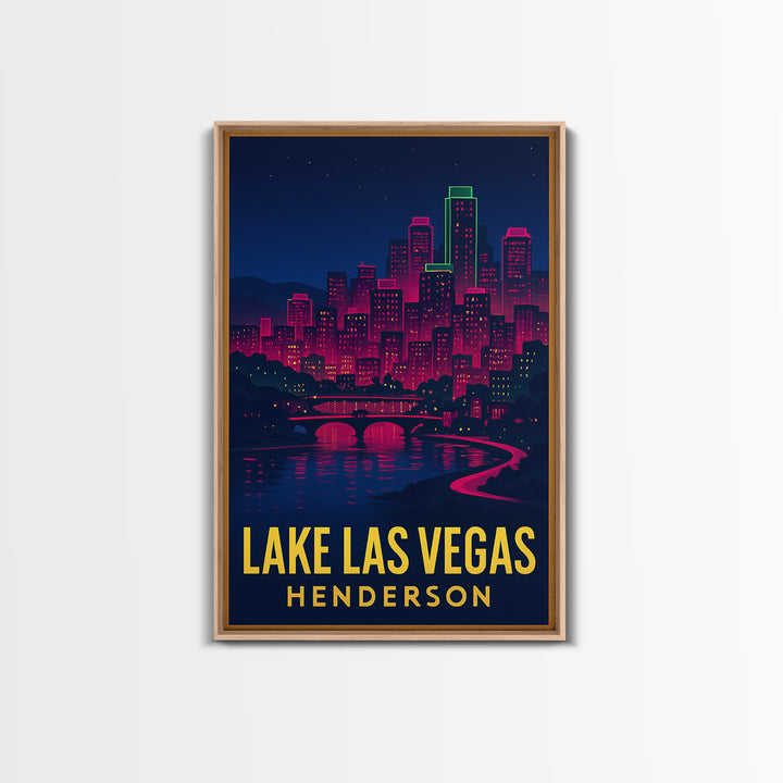 Lake Las Vegas Travel Poster, Framed Canvas Print, Neon Cityscape Wall Art, Lake Las Vegas Poster Print, Fine Art Print, Travel Wall Decor