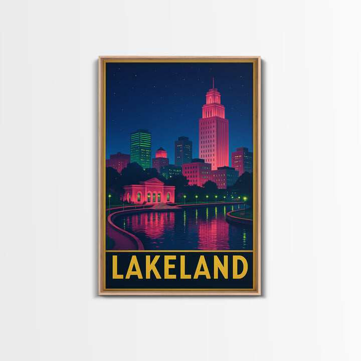 Lakeland Florida Travel Poster, Framed Canvas Print, Cyberpunk Style City Art, Lakeland Wall Art, Home Office Decor, Travel Poster Set