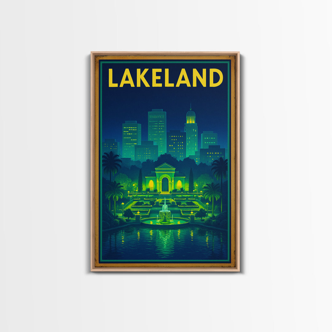 Lakeland Travel Poster, Framed Canvas Print, Electric Night Poster Art, Lakeland Travel Art, City Illustration, Living Room Wall Art