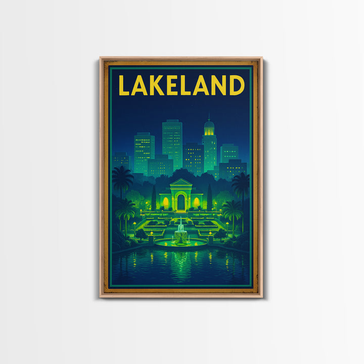Lakeland Travel Poster, Framed Canvas Print, Electric Night Poster Art, Lakeland Travel Art, City Illustration, Living Room Wall Art