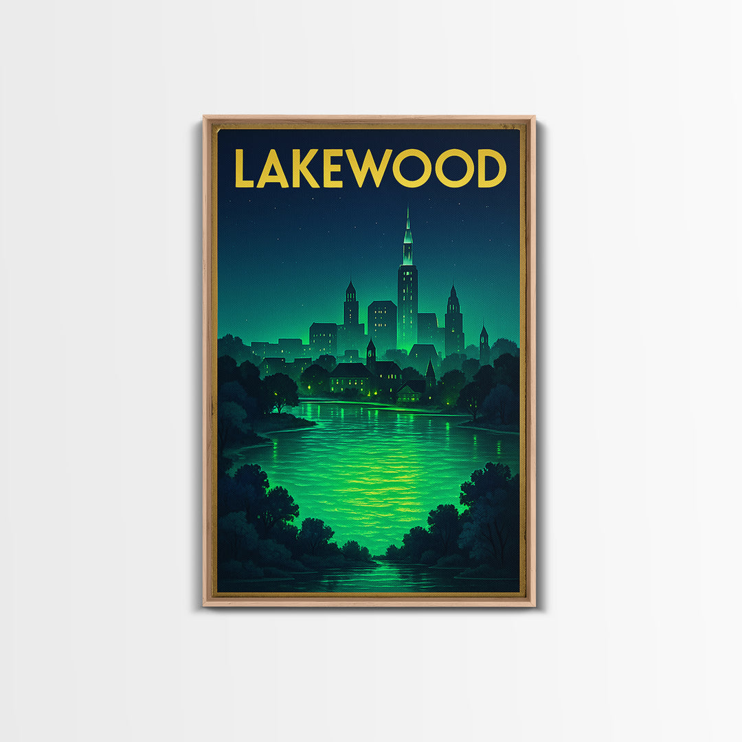 Lakewood Travel Poster, Framed Canvas Print, Neon Cityscape Wall Art, Lakewood Travel Art, City Travel Prints, Vintage Travel Print