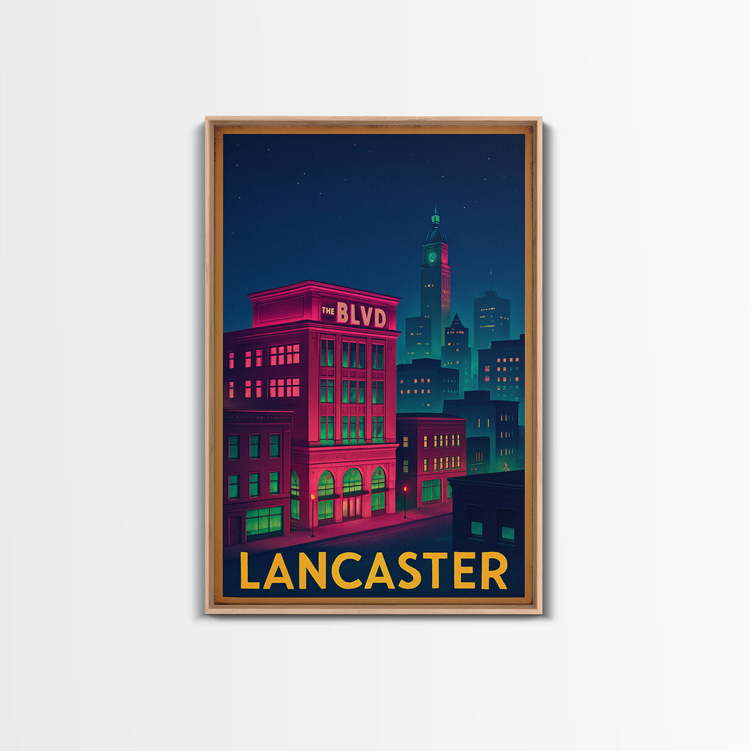Lancaster California Travel Poster, Canvas Print, Retro Neon Travel Art, Lancaster Wall Art, Travel Art Print, Vintage City Art, Wall Art