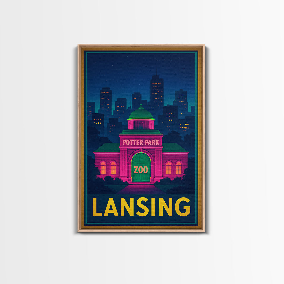 Lansing Michigan Travel Poster, Canvas Print, Neon Skyline Wall Art, Lansing Art Print, Wall Decor, Travel Poster Set, Wanderlust Decor