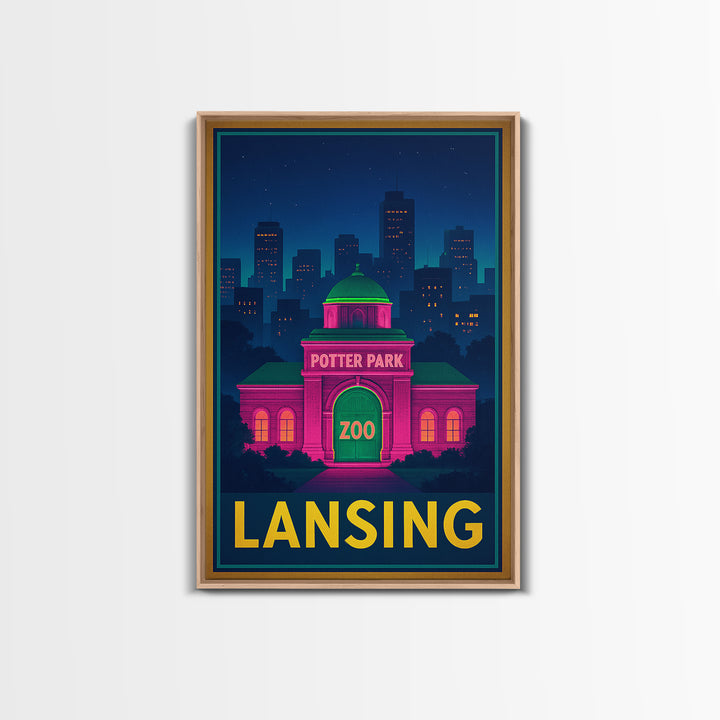 Lansing Michigan Travel Poster, Canvas Print, Neon Skyline Wall Art, Lansing Art Print, Wall Decor, Travel Poster Set, Wanderlust Decor