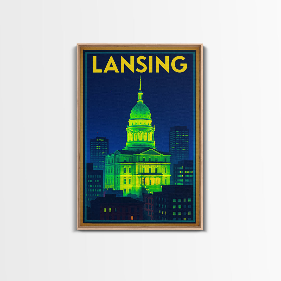 Lansing Travel Poster, Framed Canvas Print, Retro Neon Travel Art, Lansing City Art, City Illustration, Vintage Travel Print, Wall Art