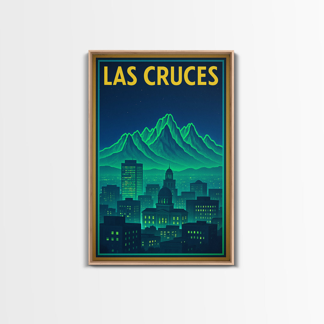 Las Cruces Travel Poster, Framed Canvas Print, Neon City Skyline Wall Art, Las Cruces Travel Art, Home Office Decor, Travel Wall Decor