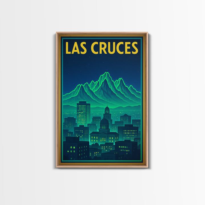 Las Cruces Travel Poster, Framed Canvas Print, Neon City Skyline Wall Art, Las Cruces Travel Art, Home Office Decor, Travel Wall Decor