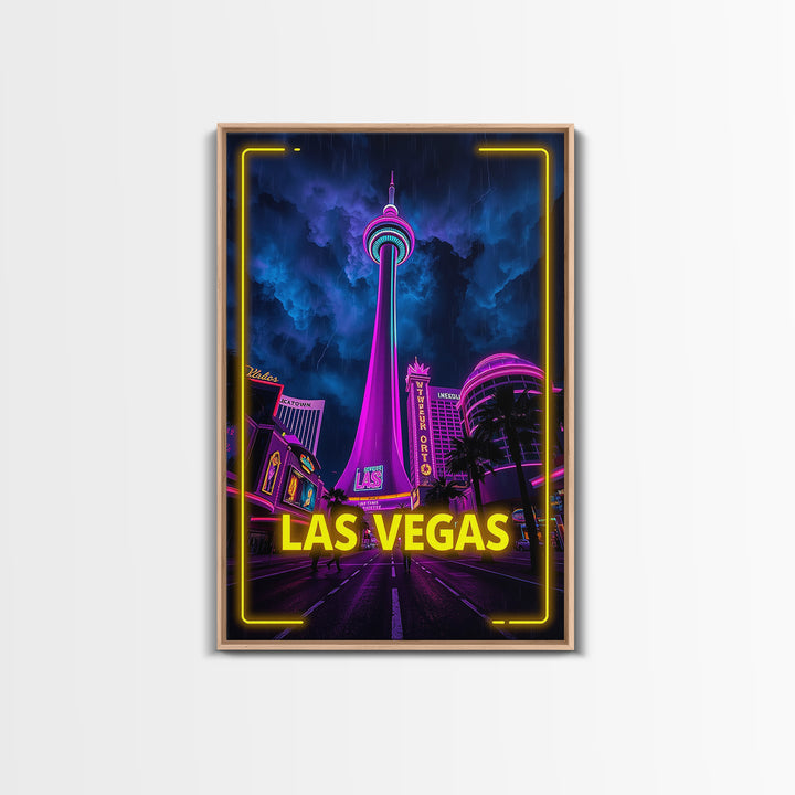 Las Vegas Travel Poster, Canvas Print, Neon City Skyline Wall Art, Las Vegas Art Print, City Illustration, Wanderlust Decor, Travel Wall Art