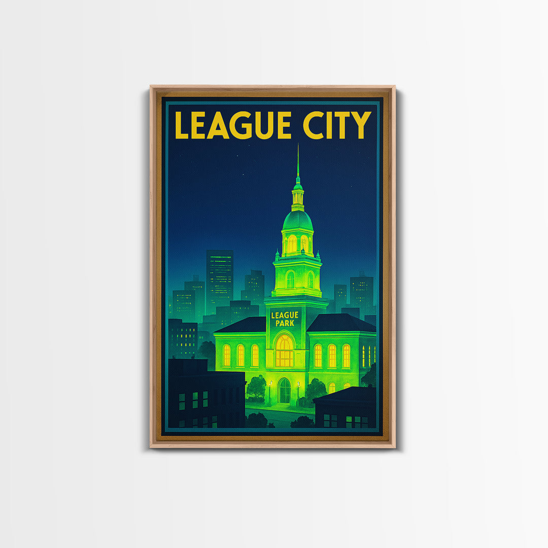League City Travel Poster, Canvas Print, Electric Night Poster Art, League City Poster Print, Home Office Decor, Watercolor City Skyline