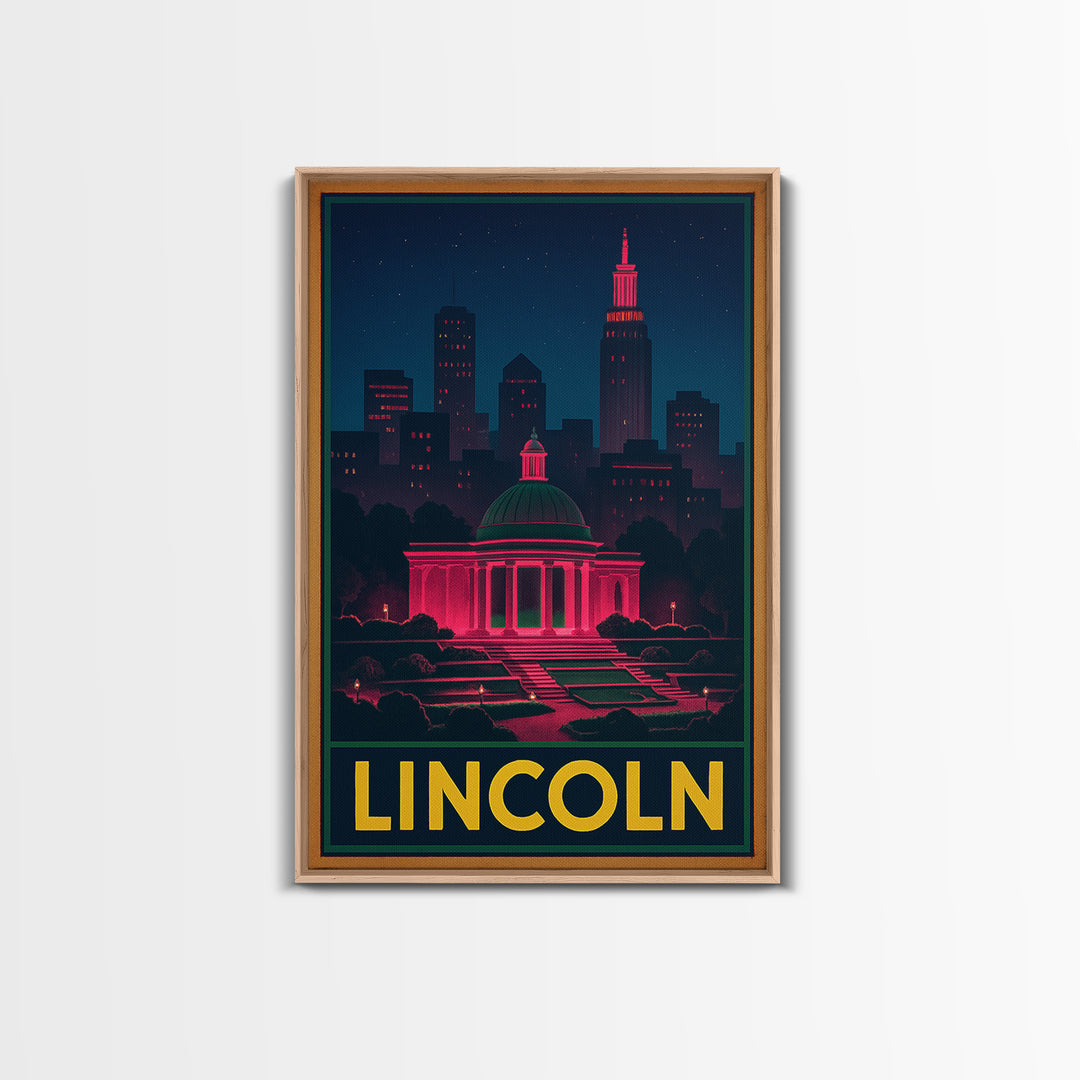 Lincoln Nebraska Travel Poster, Framed Canvas Print, Electric Night Poster Art, Lincoln Travel Art, Travel Art Print, Travel Poster Set