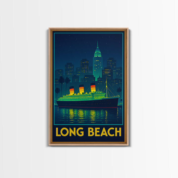 Long Beach California Travel Poster, Canvas Print, Retro Neon Travel Art, Long Beach City Art, Wall Art, City Art Print, Travel Wall Art