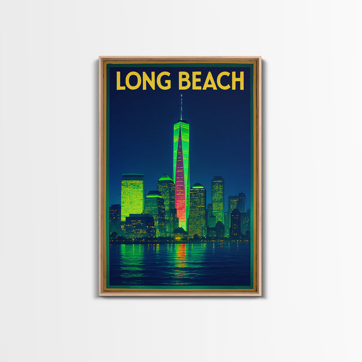 Long Beach Travel Poster, Framed Canvas Print, Retro Neon Travel Art, Long Beach Travel Art, Retro Travel Print, Eclectic Wall Decor