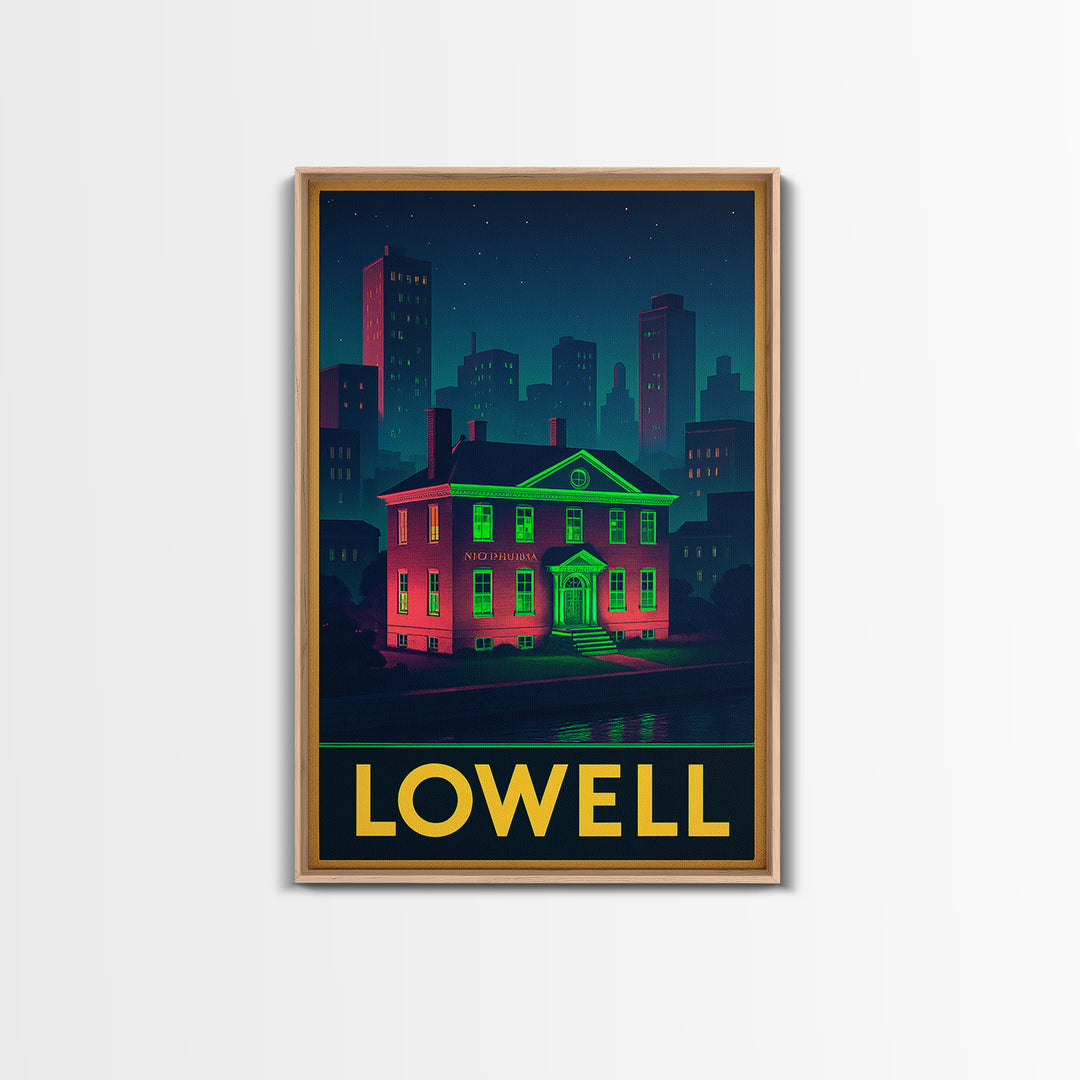 Lowell Massachusetts Travel Poster, Canvas Print, Retro Neon Travel Art, Lowell Travel Art, Wanderlust Decor, Wall Art, Retro Travel Print