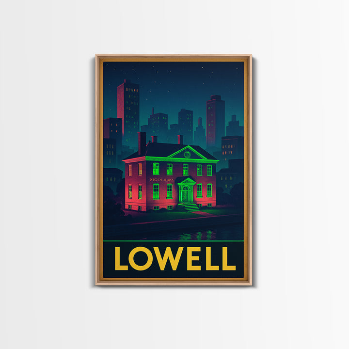 Lowell Massachusetts Travel Poster, Canvas Print, Retro Neon Travel Art, Lowell Travel Art, Wanderlust Decor, Wall Art, Retro Travel Print