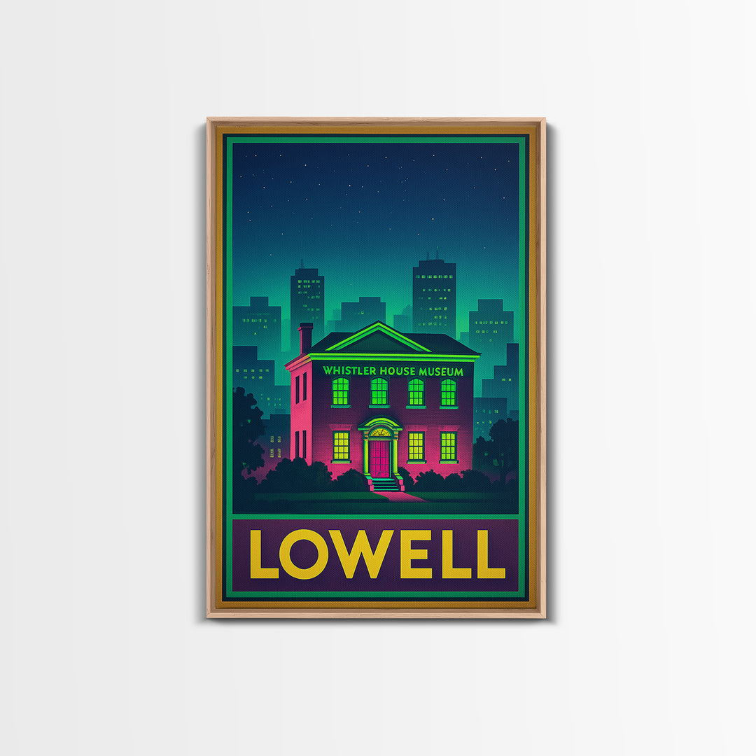 Lowell Travel Poster, Canvas Print, Retro Neon Travel Art, Lowell Travel Art, Travel Wall Decor, Travel Wall Art, Retro Travel Print