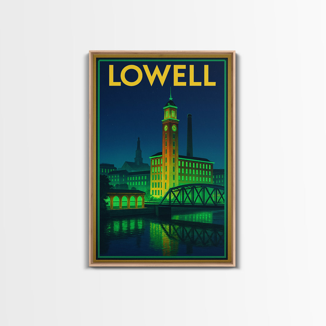 Lowell Travel Poster, Canvas Print, Neon Urban Skyline Wall Art, Lowell Wall Art, Watercolor Urban Skyline, Travel Art Print, Wall Decor