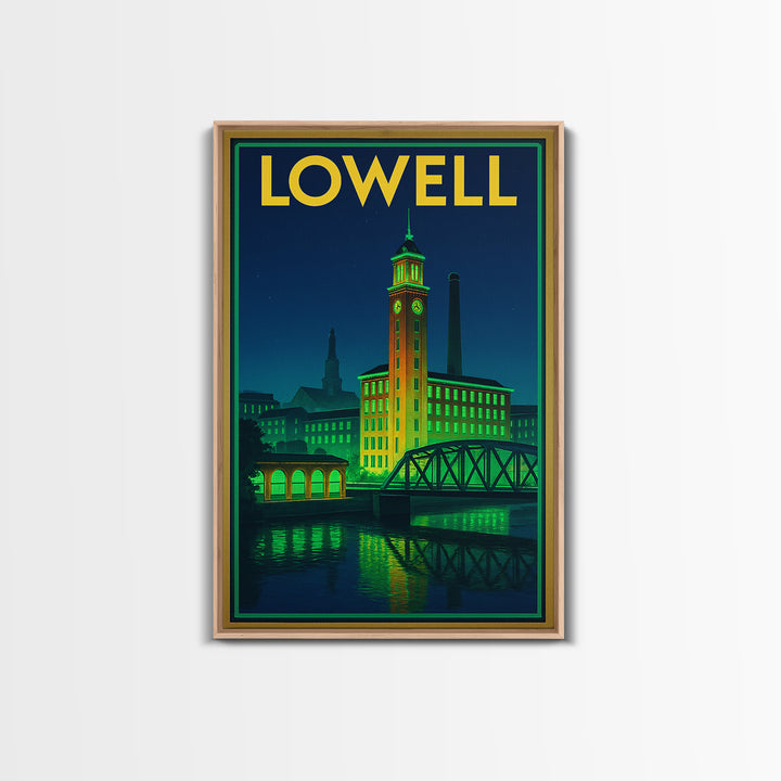 Lowell Travel Poster, Canvas Print, Neon Urban Skyline Wall Art, Lowell Wall Art, Watercolor Urban Skyline, Travel Art Print, Wall Decor