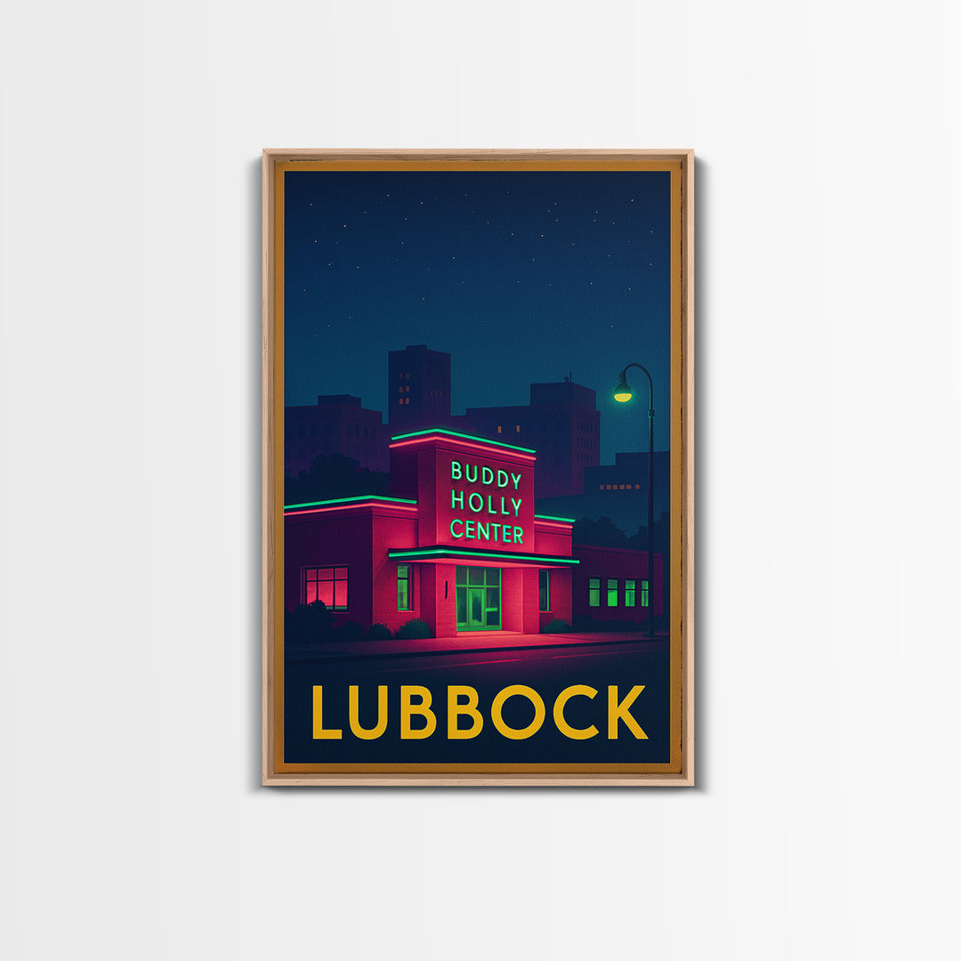 Lubbock Texas Travel Poster, Canvas Print, Neon Skyline Art Wall Art, Lubbock Poster Print, Vintage Travel Print, Mid Century Wall Art