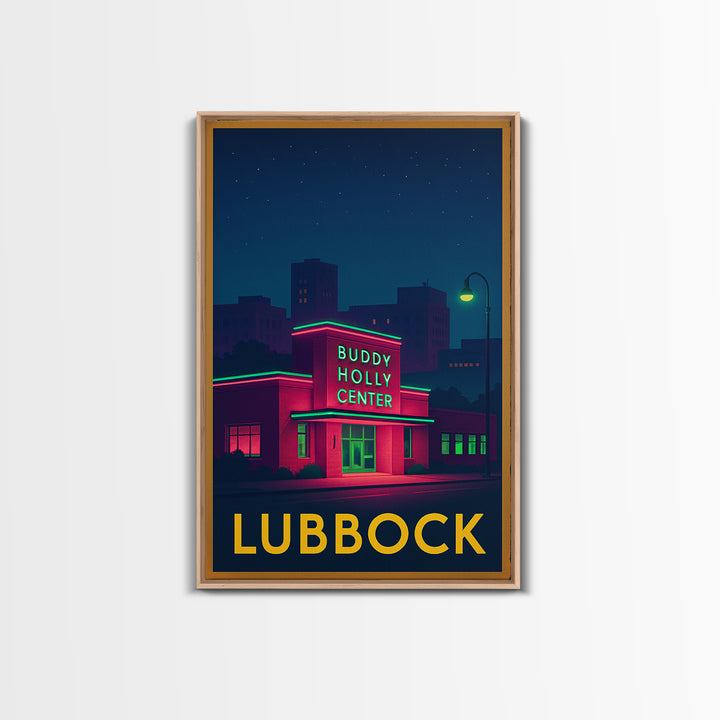 Lubbock Texas Travel Poster, Canvas Print, Neon Skyline Art Wall Art, Lubbock Poster Print, Vintage Travel Print, Mid Century Wall Art