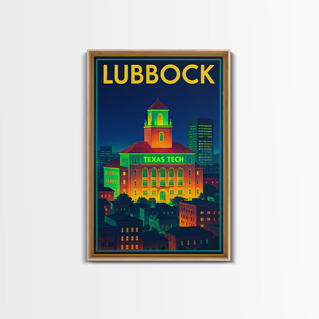 Lubbock Travel Poster, Canvas Print, Retro Neon Travel Art, Lubbock City Art, City Illustration, Wanderlust Decor, Retro Travel Print