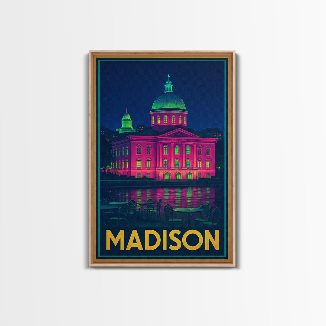 Madison Wisconsin Travel Poster, Canvas Print, Cyberpunk Style City Art, Madison City Art, City Illustration, Wall Art, Modern Wall Decor