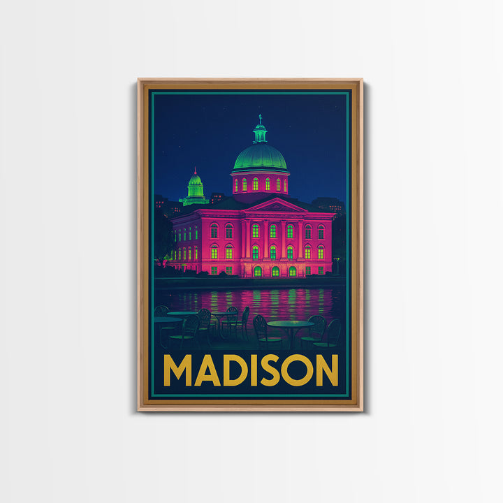 Madison Wisconsin Travel Poster, Canvas Print, Cyberpunk Style City Art, Madison City Art, City Illustration, Wall Art, Modern Wall Decor