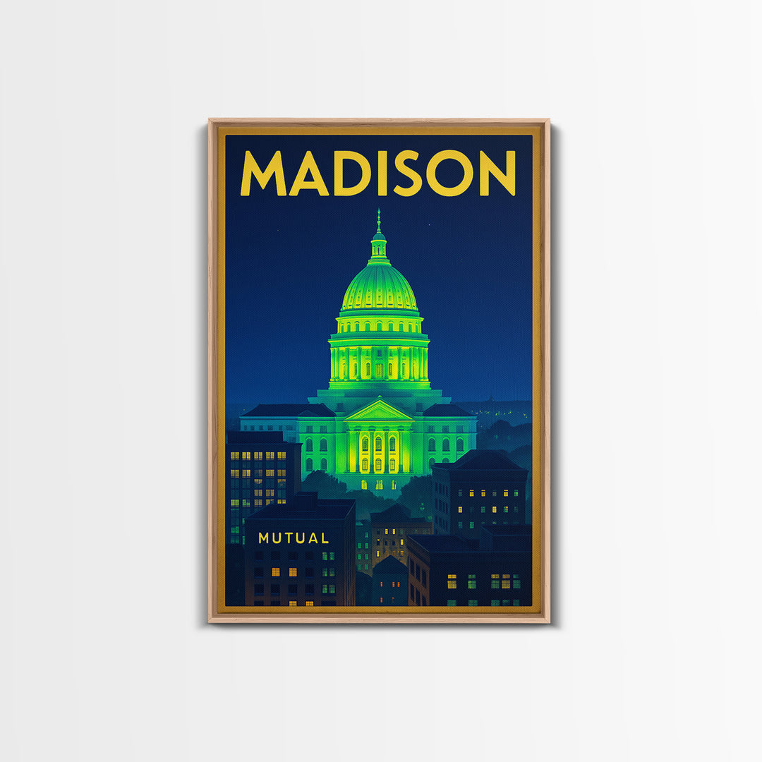 Madison Travel Poster, Framed Canvas Print, Electric Night Poster Art, Madison City Art, Travel Wall Art, Travel Wall Decor, Travel Print
