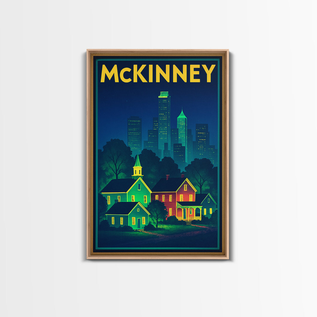 Mckinney Travel Poster, Framed Canvas Print, Retro Neon Travel Art, Mckinney Poster Print, Gift For Travelers, Fine Art Print, Design 2