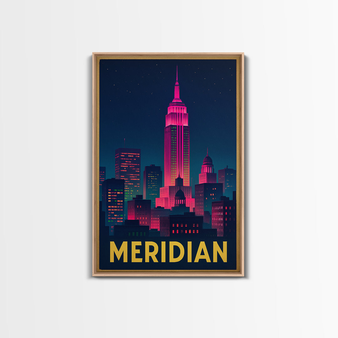 Meridian Idaho Travel Poster, Framed Canvas Print, Electric Night Poster Art, Meridian Wall Art, Travel Poster Art, Mid Century Wall Art