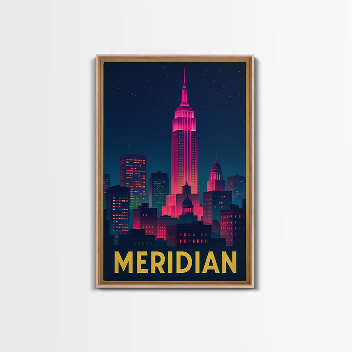 Meridian Idaho Travel Poster, Framed Canvas Print, Electric Night Poster Art, Meridian Wall Art, Travel Poster Art, Mid Century Wall Art