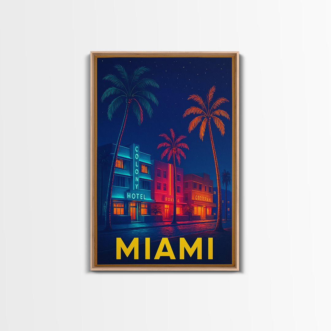 Miami Florida Travel Poster, Canvas Print, Cyberpunk Style City Art, Miami Art Print, Wanderlust Decor, City Illustration, Travel Wall Art