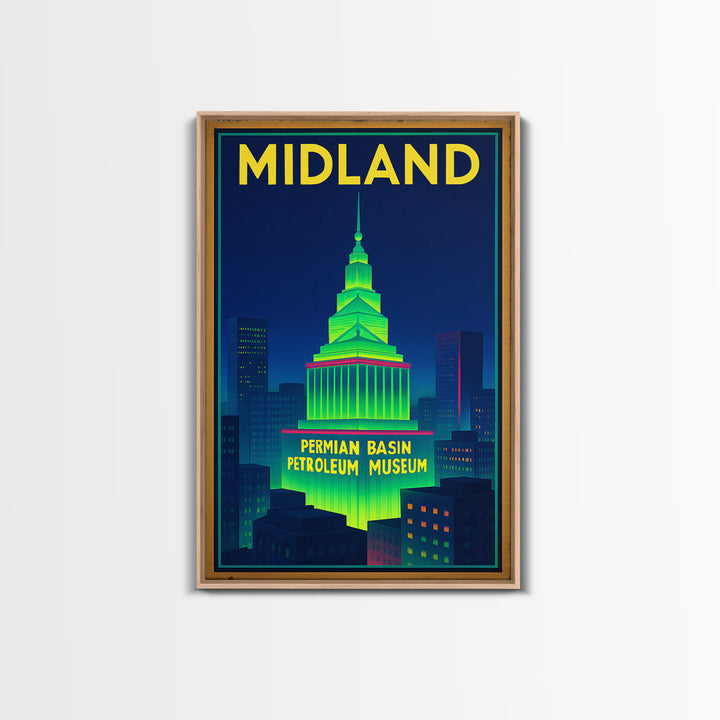 Midland Travel Poster, Framed Canvas Print, Retro Neon Travel Art, Midland Art Print, Eclectic Wall Decor, City Art Print, Fine Art Print