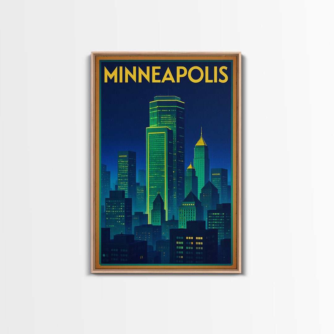 Minneapolis Travel Poster, Framed Canvas Print, Neon Skyline Wall Art, Minneapolis Travel Art, Travel Poster Art, Travel Wall Art
