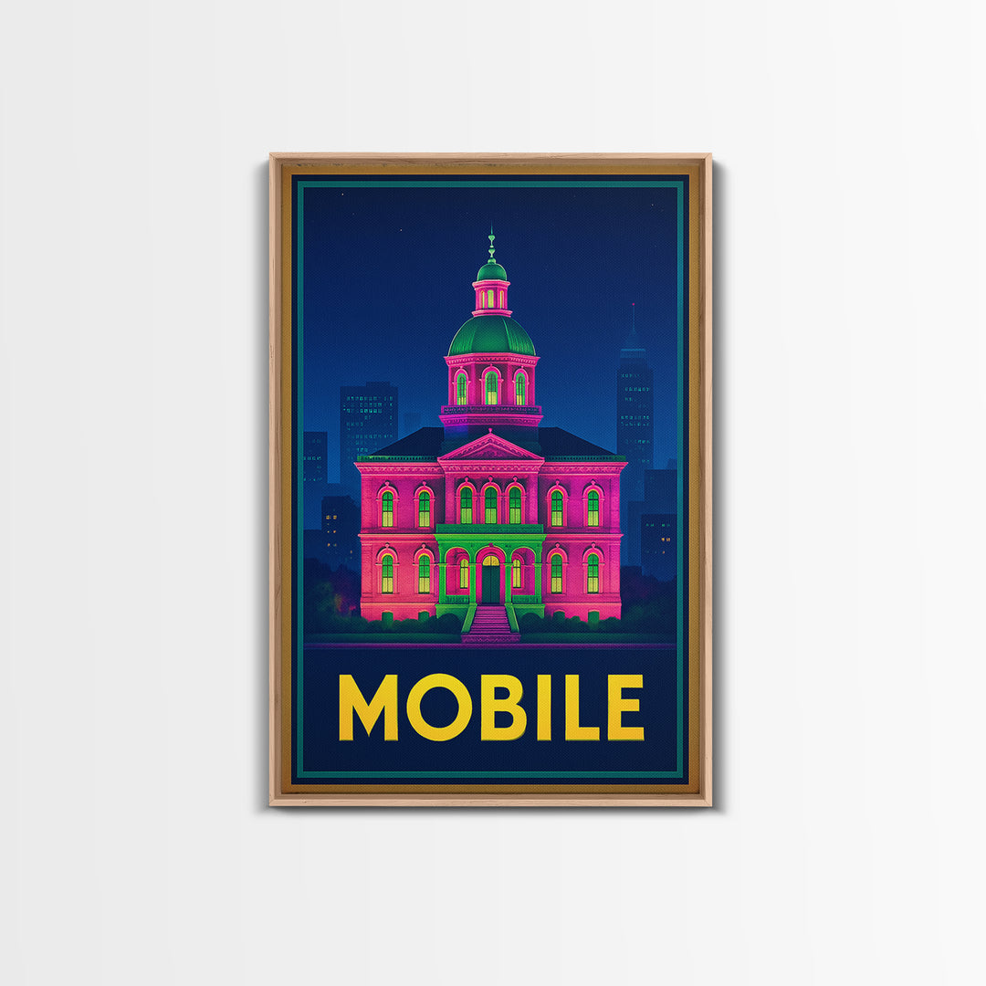 Mobile Alabama Travel Poster, Canvas Print, Retro Neon Travel Art, Mobile Wall Art, Watercolor Skyline, City Illustration, Travel Wall Decor