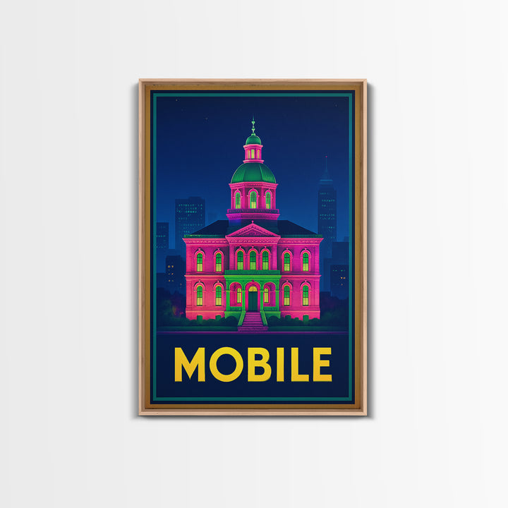 Mobile Alabama Travel Poster, Canvas Print, Retro Neon Travel Art, Mobile Wall Art, Watercolor Skyline, City Illustration, Travel Wall Decor