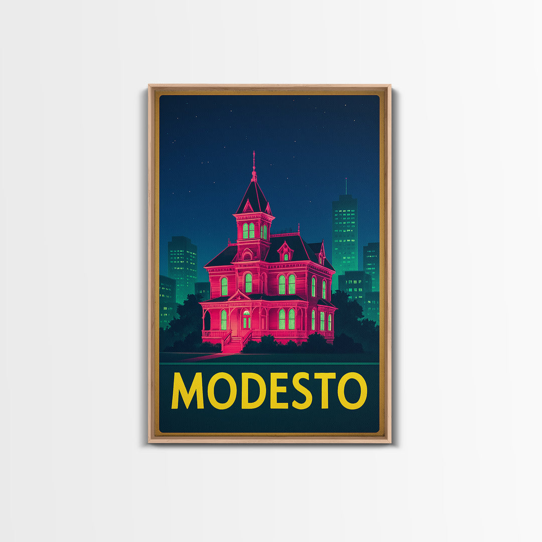 Modesto California Travel Poster, Framed Canvas Print, Cyberpunk Style City Art, Modesto Travel Art, Travel Wall Decor, Wanderlust Decor