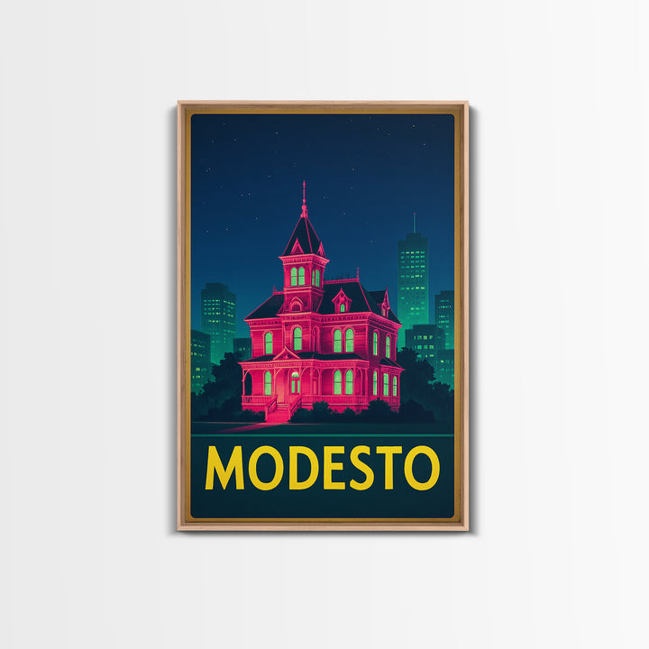 Modesto California Travel Poster, Framed Canvas Print, Cyberpunk Style City Art, Modesto Travel Art, Travel Wall Decor, Wanderlust Decor
