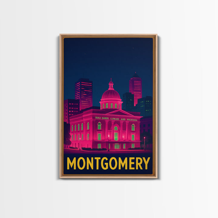 Montgomery Alabama Travel Poster, Canvas Print, Neon Urban Skyline Wall Art, Montgomery Wall Art, Gift For Travelers, Vintage City Art